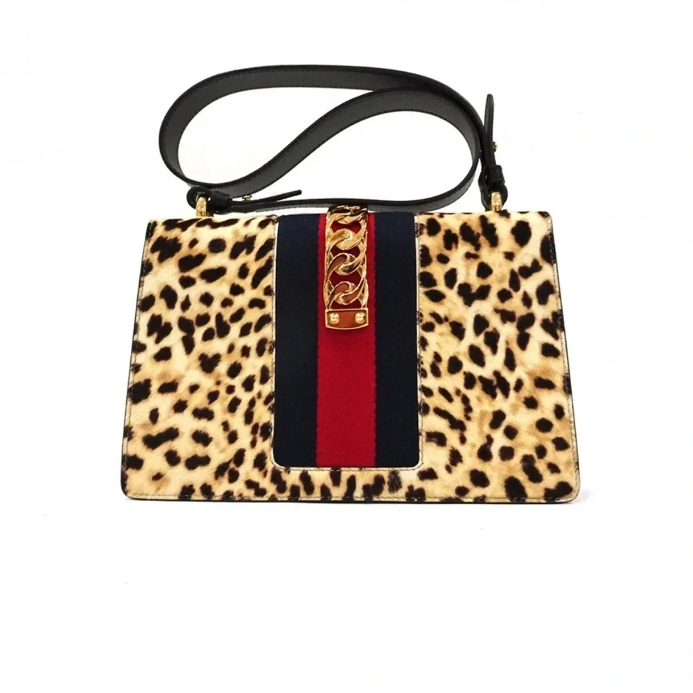💯% Auth GUCCI Leather Bag - Sylvie Calf Hair Harako Leopard Print Shoulder Bag